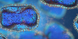 Monkeypox viruses, pathogen closeup, infectious zoonotic disease, background banner format